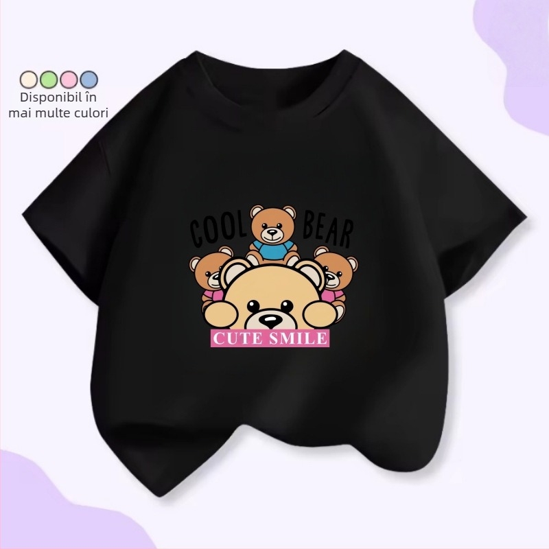 Tricou pentru copii cu mâneci scurte, patru urși drăgălați, stivuiți unul peste altul – unisex, vară, croială lejeră.