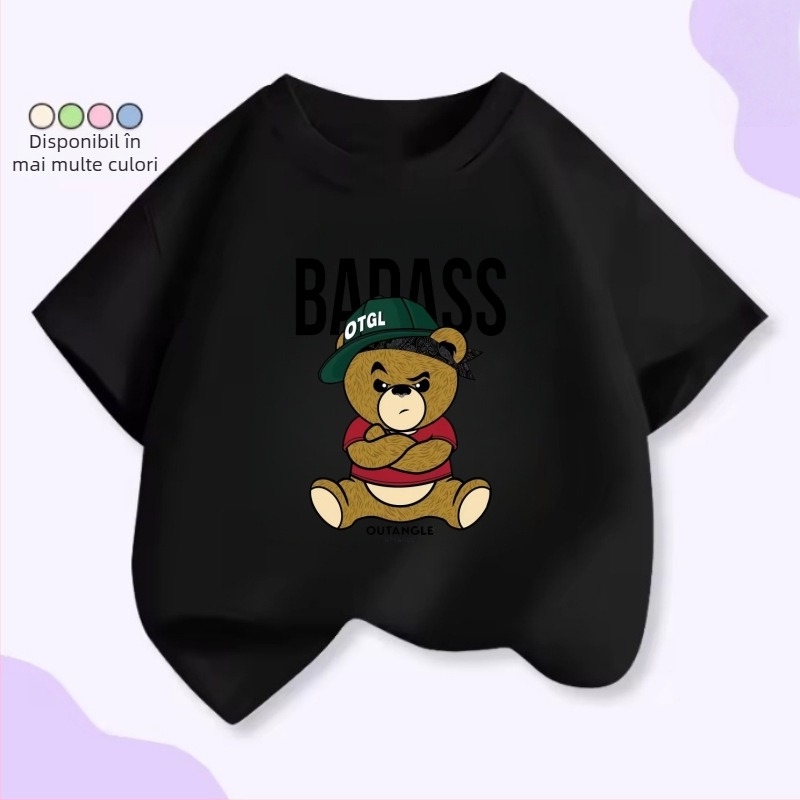 Tricou pentru copii cu mâneci scurte, patru urși drăgălați, stivuiți unul peste altul – unisex, vară, croială lejeră.