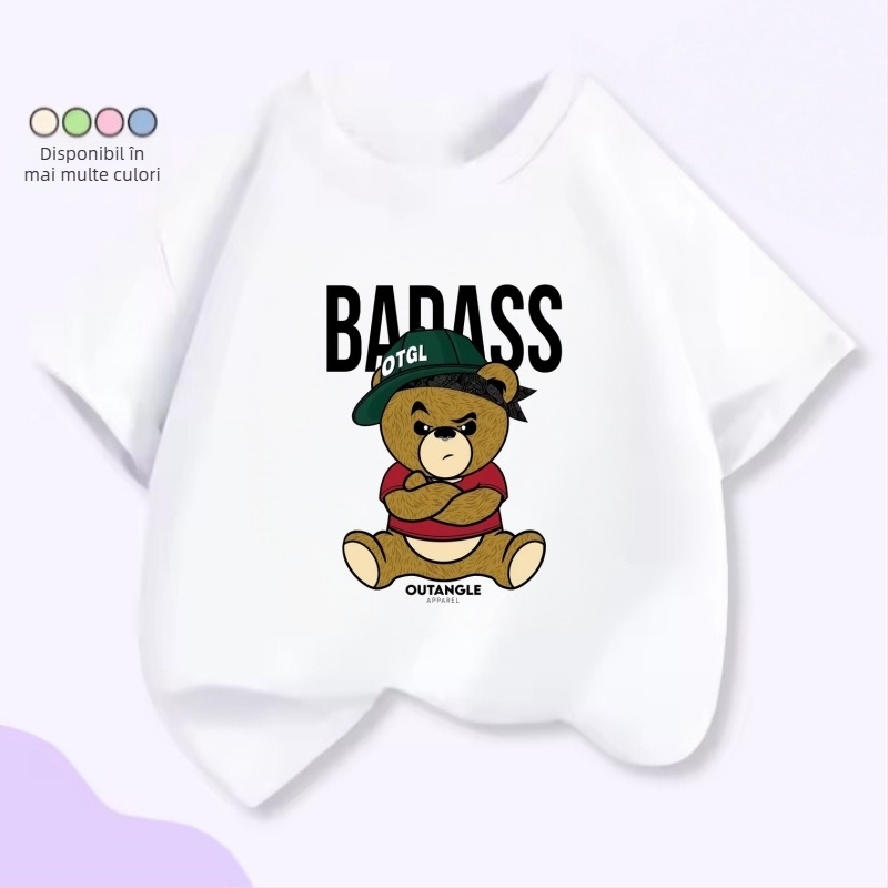 Tricou pentru copii cu mâneci scurte, patru urși drăgălați, stivuiți unul peste altul – unisex, vară, croială lejeră.