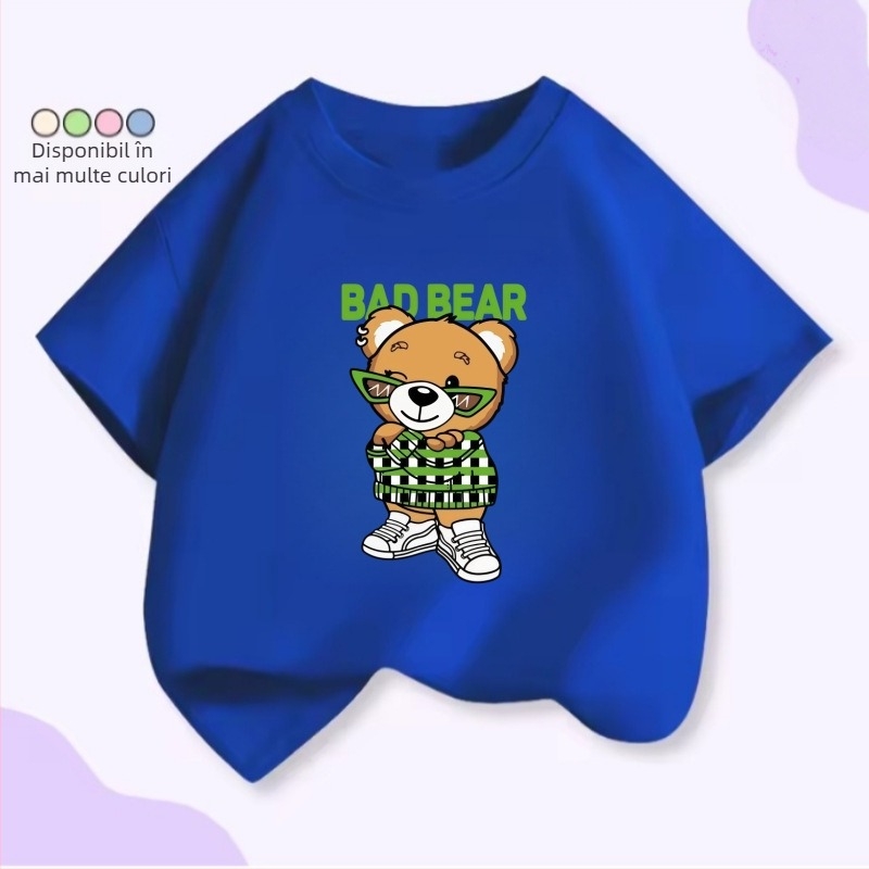 Tricou pentru copii cu mâneci scurte, patru urși drăgălați, stivuiți unul peste altul – unisex, vară, croială lejeră.