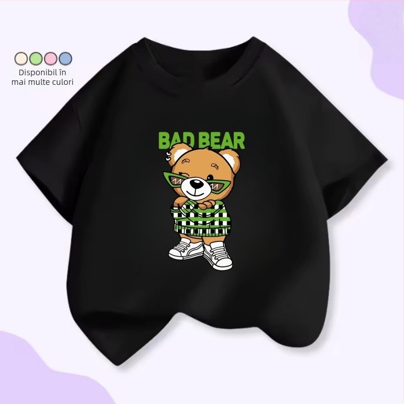 Tricou pentru copii cu mâneci scurte, patru urși drăgălați, stivuiți unul peste altul – unisex, vară, croială lejeră.