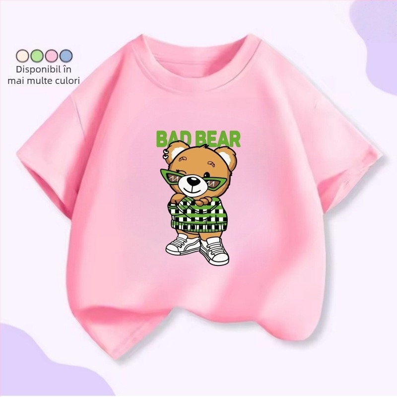 Tricou pentru copii cu mâneci scurte, patru urși drăgălați, stivuiți unul peste altul – unisex, vară, croială lejeră.
