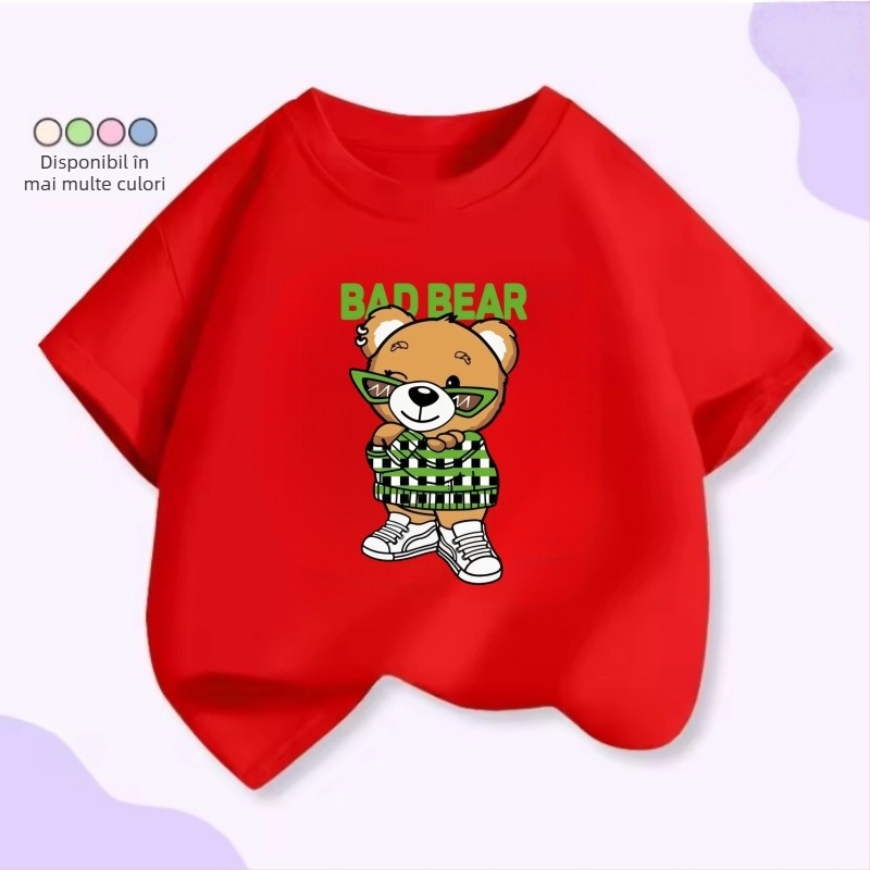 Tricou pentru copii cu mâneci scurte, patru urși drăgălați, stivuiți unul peste altul – unisex, vară, croială lejeră.