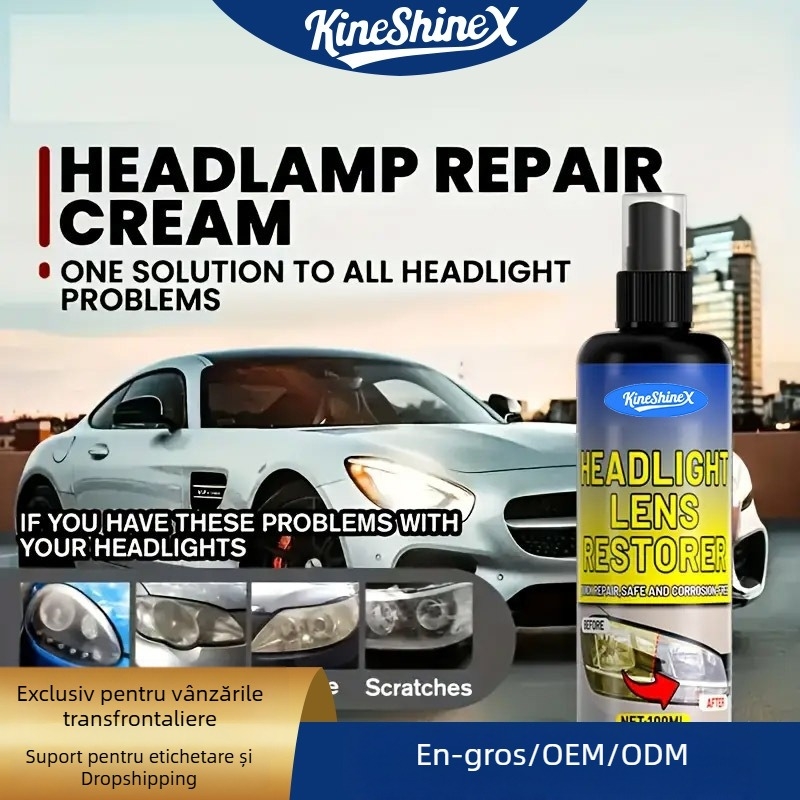 KineShineX Kit de reparare a farurilor cu lichid transparent anti-îngălbenire – soluție avansată de reparație