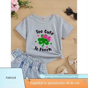 Tricou din bumbac pentru fetițe cu imprimeu drăguț de trifoi și litere, guler rotund, mâneci scurte, stil street fashion
