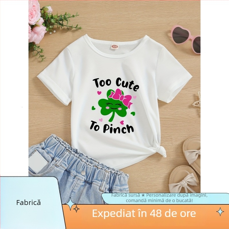 Tricou din bumbac pentru fetițe cu imprimeu drăguț de trifoi și litere, guler rotund, mâneci scurte, stil street fashion