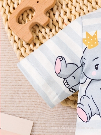 Salopetă unisex pentru sugari cu imprimeu elefant, primăvară-vară, mânecă scurtă