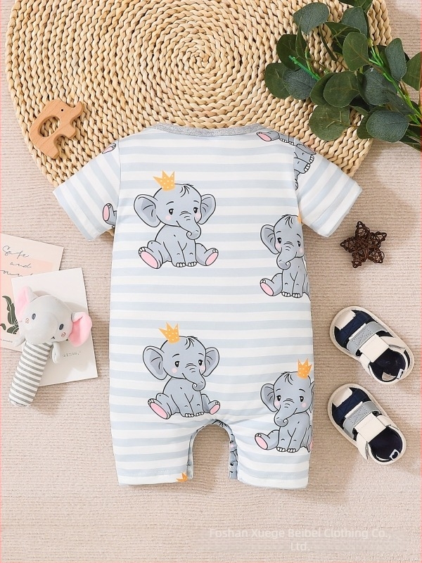 Salopetă unisex pentru sugari cu imprimeu elefant, primăvară-vară, mânecă scurtă