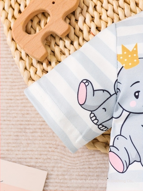 Salopetă unisex pentru sugari cu imprimeu elefant, primăvară-vară, mânecă scurtă