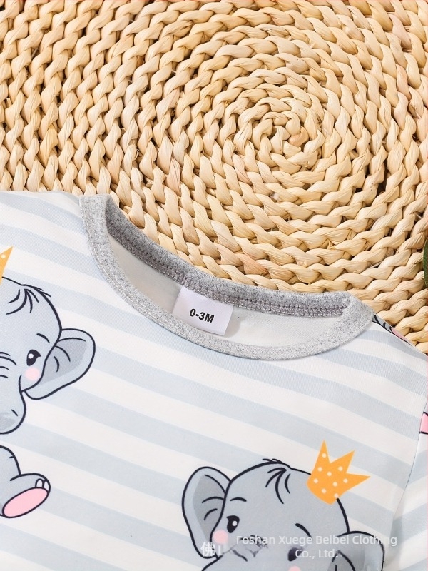 Salopetă unisex pentru sugari cu imprimeu elefant, primăvară-vară, mânecă scurtă