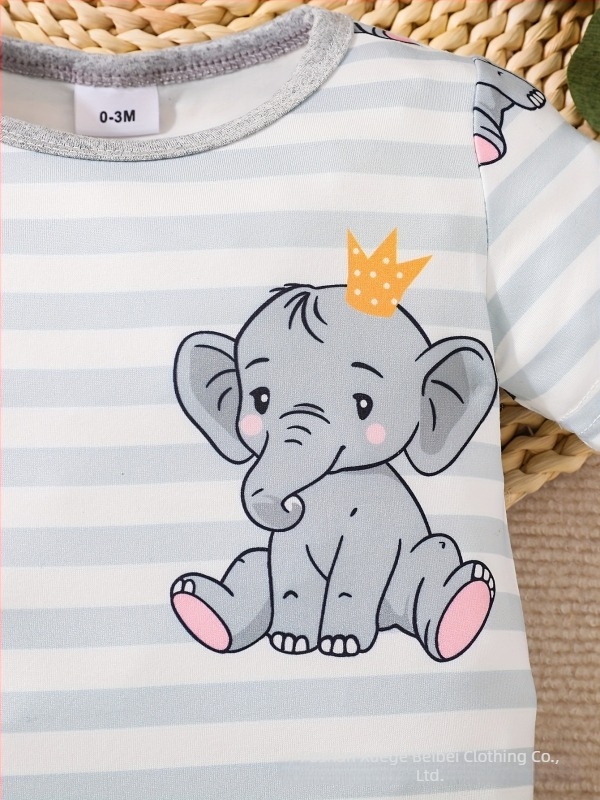 Salopetă unisex pentru sugari cu imprimeu elefant, primăvară-vară, mânecă scurtă