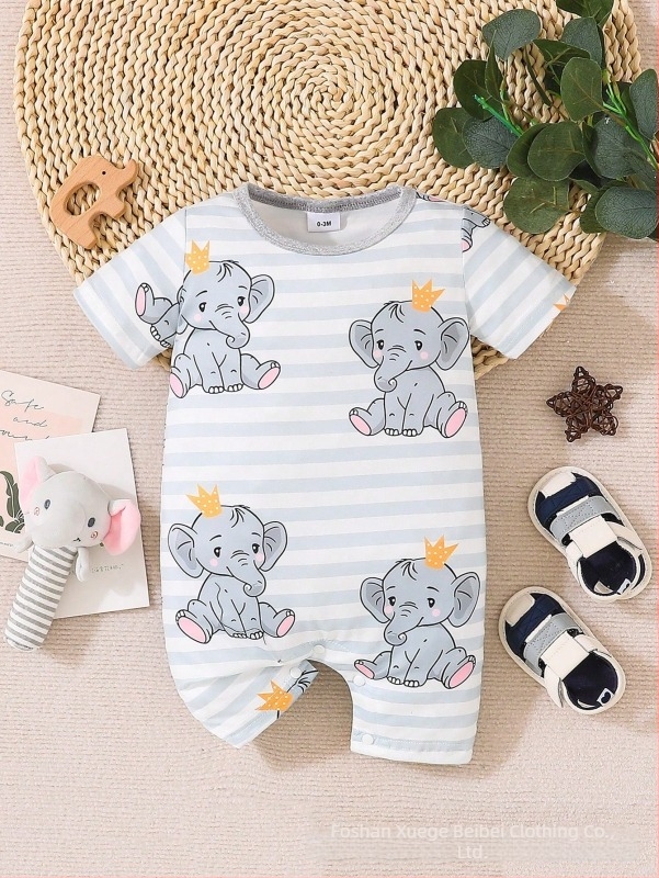 Salopetă unisex pentru sugari cu imprimeu elefant, primăvară-vară, mânecă scurtă
