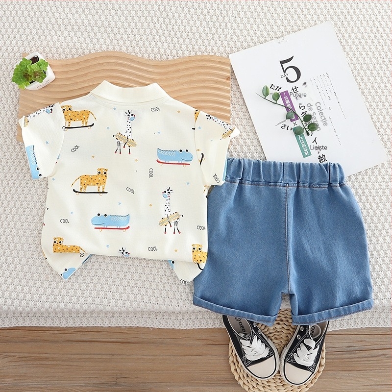 Set pentru băieți, două piese: tricou polo cu mânecă scurtă și șorturi, imprimeu animale desene animate, vară 2025, 1–3 ani