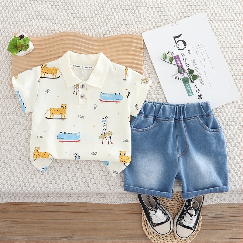 Set pentru băieți, două piese: tricou polo cu mânecă scurtă și șorturi, imprimeu animale desene animate, vară 2025, 1–3 ani