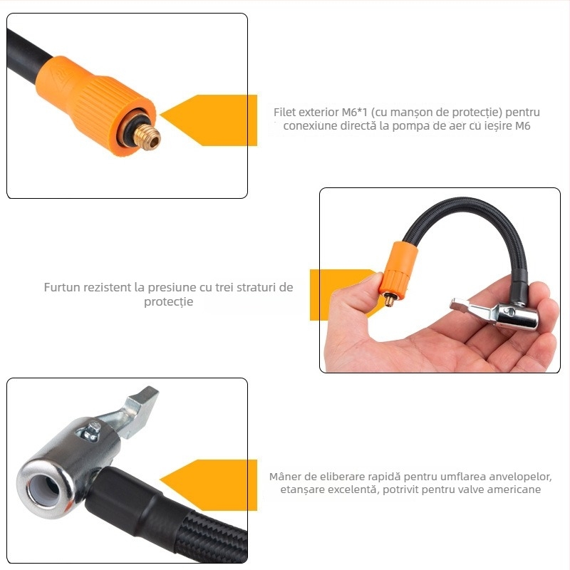 Pompa de aer auto cu baterie integrată și furtun de umflat, filet M6