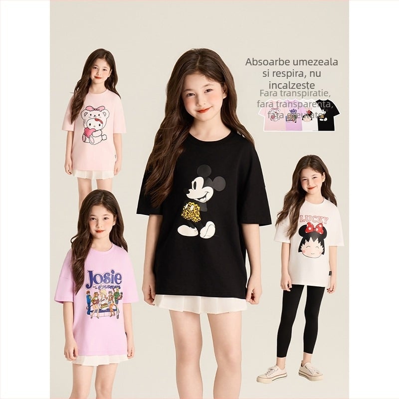 Amybaby Tricou pentru fetițe, vară 2025, croială lejeră, imprimeu, guler rotund, mânecă scurtă