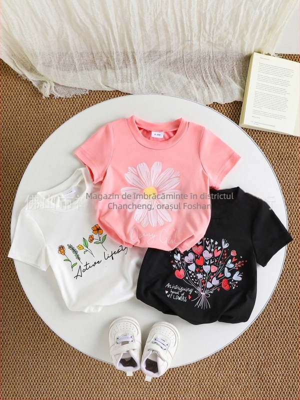 2025 tricou copii din bumbac, mâneci scurte, croială slim, culoare uni, guler rotund, stil street candy color