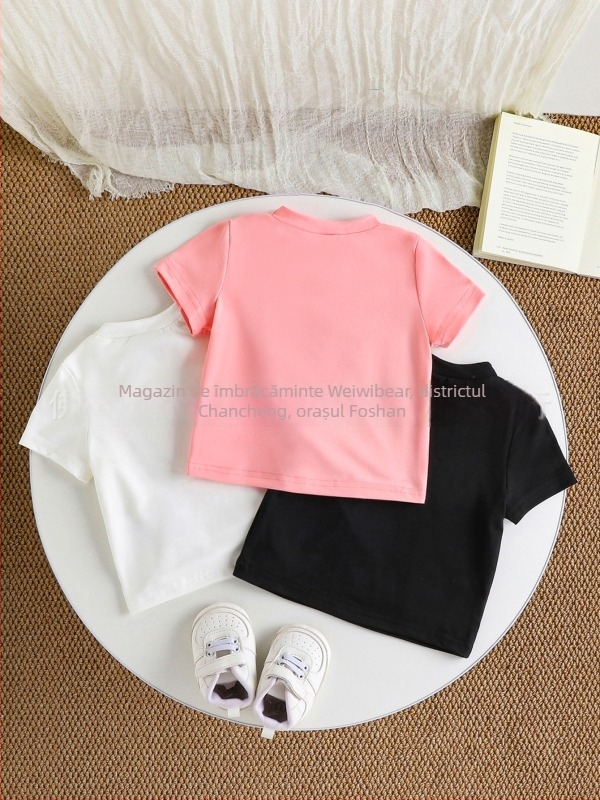 2025 tricou copii din bumbac, mâneci scurte, croială slim, culoare uni, guler rotund, stil street candy color