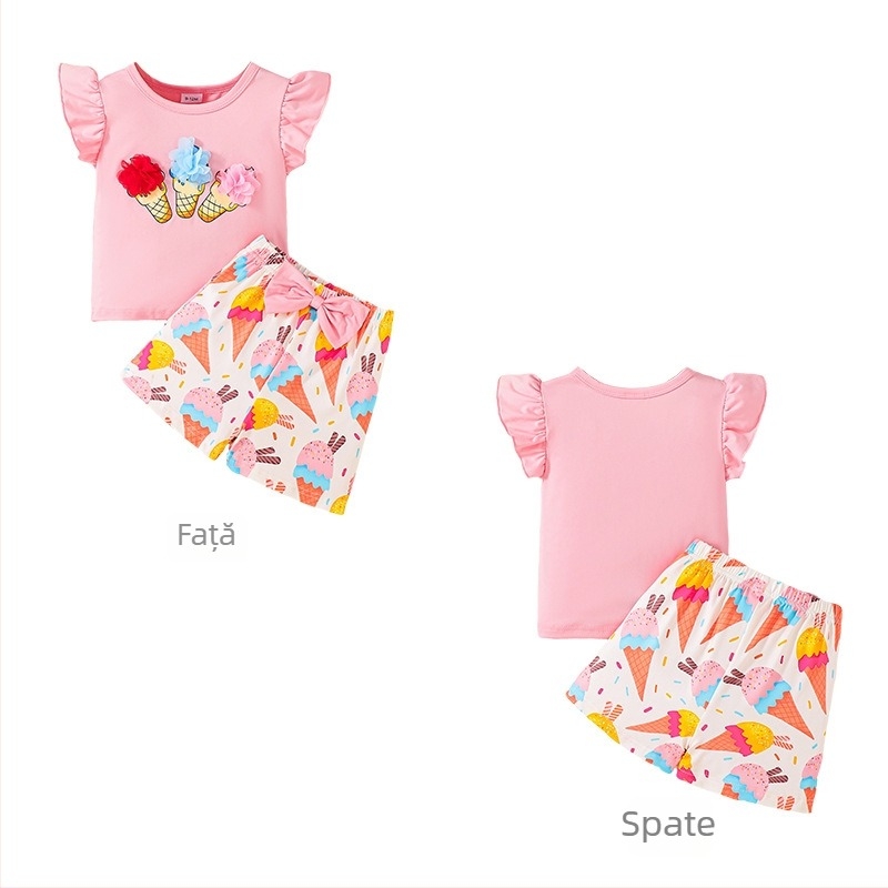 Set pentru copii, în stil coreean, două piese, de vară, top fără mâneci cu imprimeu drăguț și șorturi, mărimi 9M-3Y