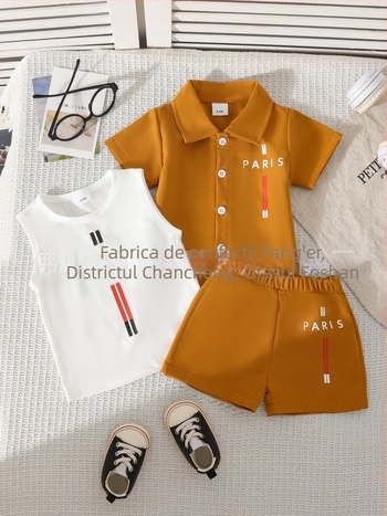 Set de trei piese pentru copii, primăvară-vară: top cu mânecă scurtă și guler, cămașă cu mânecă scurtă și guler, pantaloni scurți cu talie elastică