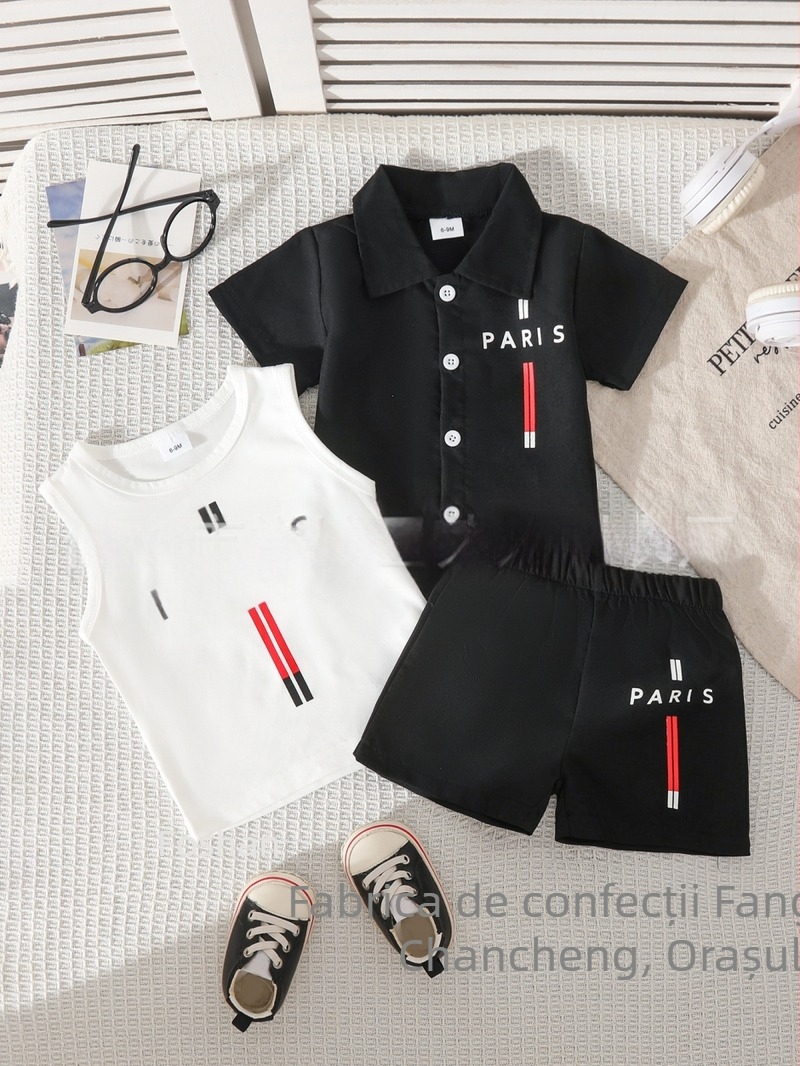 Set de trei piese pentru copii, primăvară-vară: top cu mânecă scurtă și guler, cămașă cu mânecă scurtă și guler, pantaloni scurți cu talie elastică