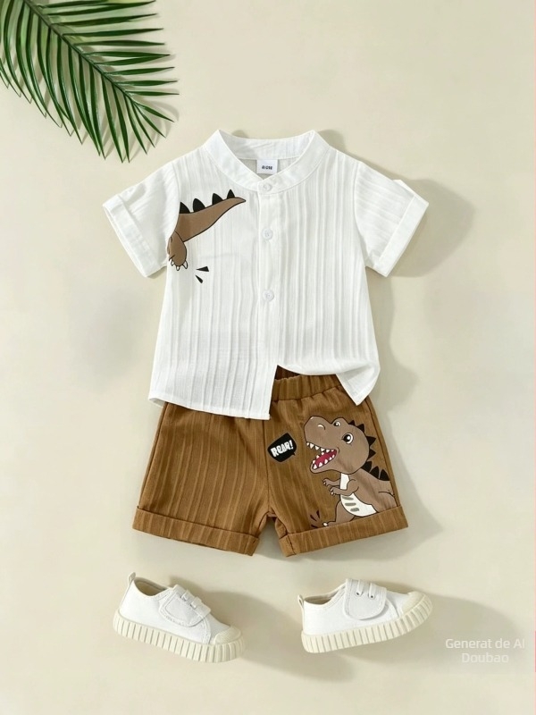 Set din două piese din bumbac pentru copii cu imprimeu ursuleț — tricou cu guler rotund și pantaloni scurți