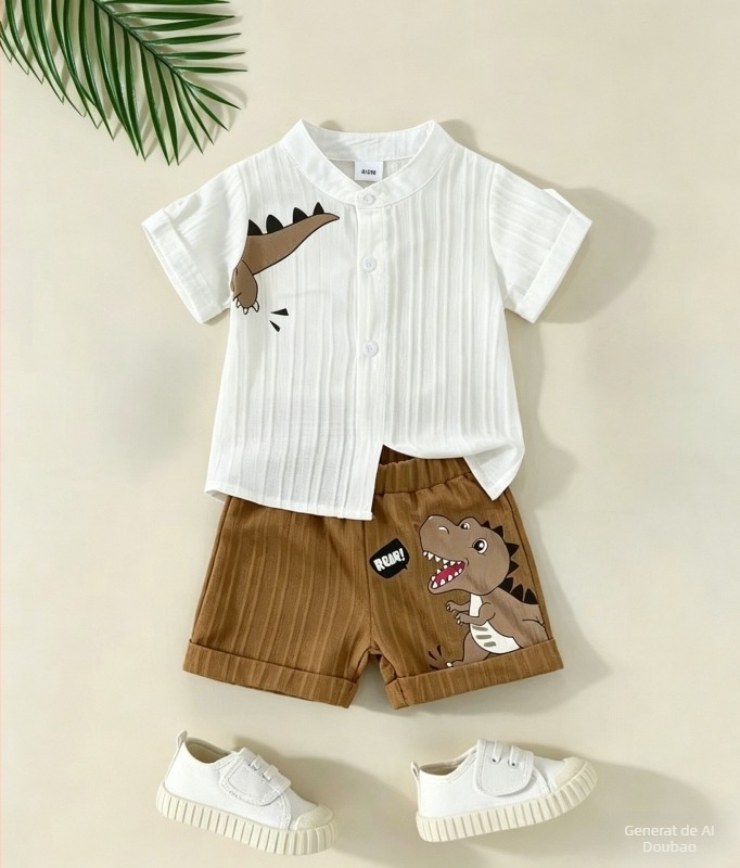 Set din două piese din bumbac pentru copii cu imprimeu ursuleț — tricou cu guler rotund și pantaloni scurți