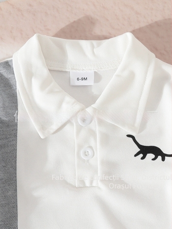 Set de două piese pentru băieți: tricou cu mânecă scurtă cu imprimeu litere și dinozaur, însoțit de șorturi asortate.