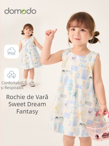 Rochie de vară fără mâneci pentru fete, din bumbac 100%, cu imprimeu desen animat, plăcută la atingere și respirabilă, rochie de prințesă de vis