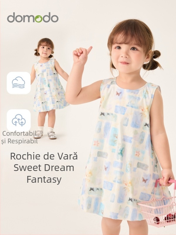 Rochie de vară fără mâneci pentru fete, din bumbac 100%, cu imprimeu desen animat, plăcută la atingere și respirabilă, rochie de prințesă de vis