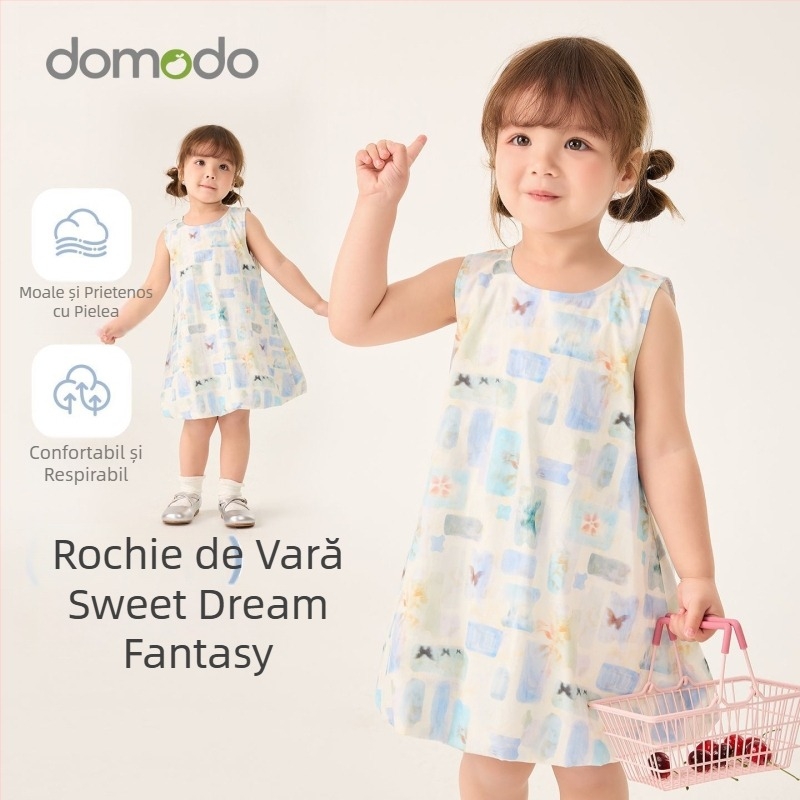 Rochie de vară fără mâneci pentru fete, din bumbac 100%, cu imprimeu desen animat, plăcută la atingere și respirabilă, rochie de prințesă de vis