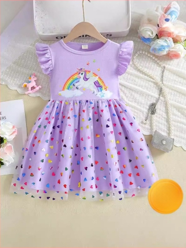 Rochie de vară pentru fete, stil coreean, imprimeu unicorn, mâneci scurte, din plasă, rochie de prințesă, 2026 nouă