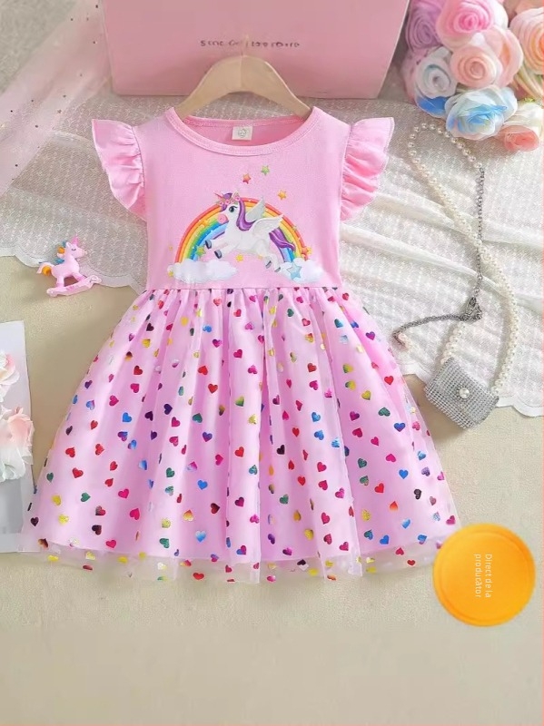 Rochie de vară pentru fete, stil coreean, imprimeu unicorn, mâneci scurte, din plasă, rochie de prințesă, 2026 nouă