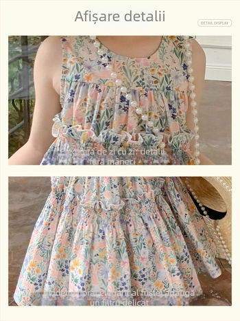 Rochie de vară pentru fetițe, din bumbac, cu imprimeu floral și fustă în straturi, stil prințesă