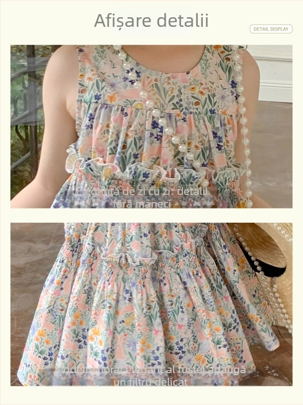 Rochie de vară pentru fetițe, din bumbac, cu imprimeu floral și fustă în straturi, stil prințesă