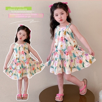 Rochie de fetițe cu imprimeu floral, fără mâneci, stil prințesă, croială coreeană, amestec din bumbac