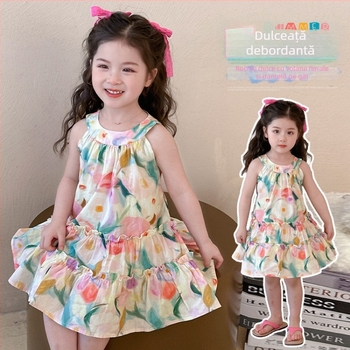 Rochie de fetițe cu imprimeu floral, fără mâneci, stil prințesă, croială coreeană, amestec din bumbac