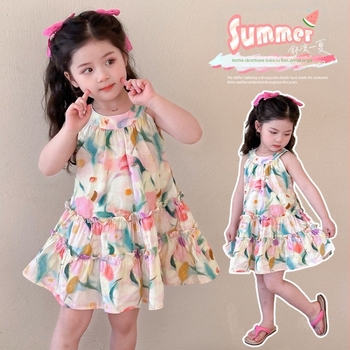 Rochie de fetițe cu imprimeu floral, fără mâneci, stil prințesă, croială coreeană, amestec din bumbac