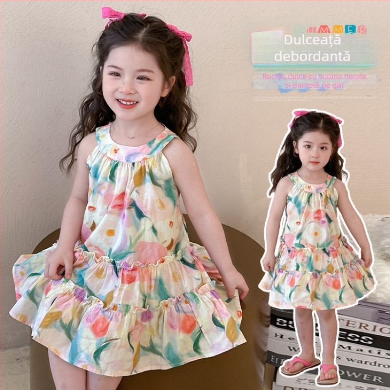 Rochie de fetițe cu imprimeu floral, fără mâneci, stil prințesă, croială coreeană, amestec din bumbac