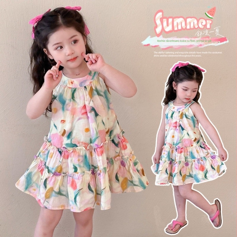 Rochie de fetițe cu imprimeu floral, fără mâneci, stil prințesă, croială coreeană, amestec din bumbac