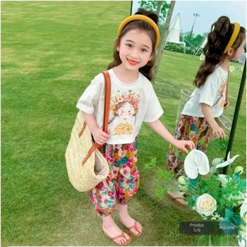 Set pentru fetițe 2024, tricou cu mânecă scurtă și pantaloni, imprimeu cu desene animate și flori, vară ușoară
