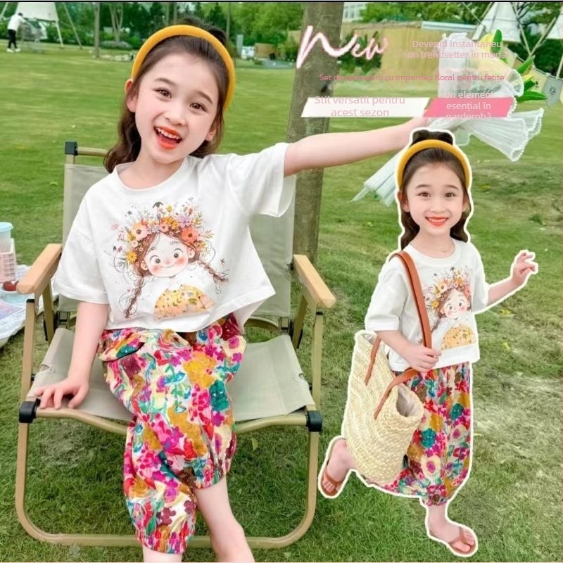 Set pentru fetițe 2024, tricou cu mânecă scurtă și pantaloni, imprimeu cu desene animate și flori, vară ușoară