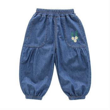 Blugi din denim pentru fete, 100% bumbac, ușori de vară, broderie florală, talie medie, pantaloni cu tiv la gleznă