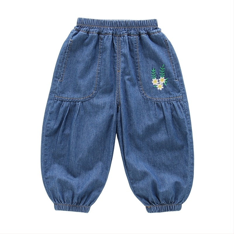 Blugi din denim pentru fete, 100% bumbac, ușori de vară, broderie florală, talie medie, pantaloni cu tiv la gleznă