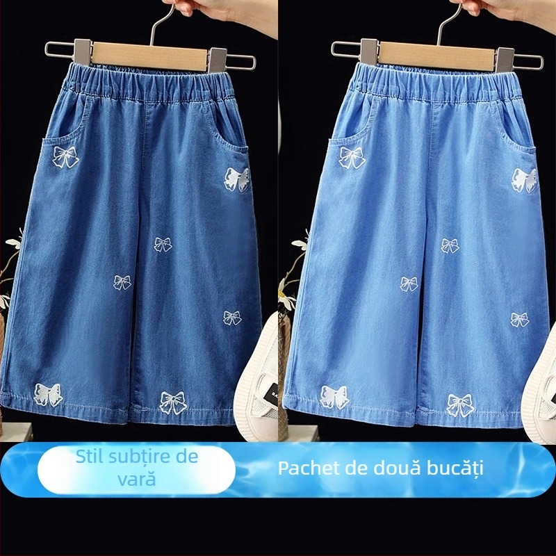 Pantaloni din bumbac pentru fetițe, vară, denim moale, croială largă, anti țânțari, lungi