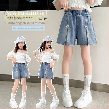 Shorts din denim pentru fete, stil coreean cu fundă, ușori pentru vară