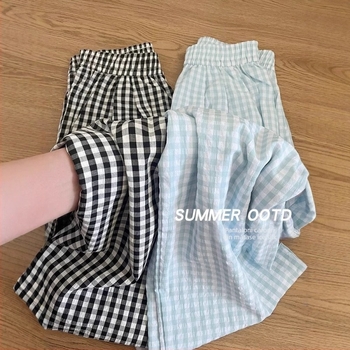 Pantaloni pentru femei în stil japonez, în carouri albastre, material ușor de vară, croială dreaptă