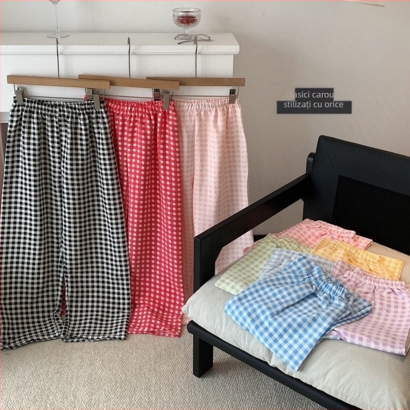 Pantaloni pentru femei în stil japonez, în carouri albastre, material ușor de vară, croială dreaptă