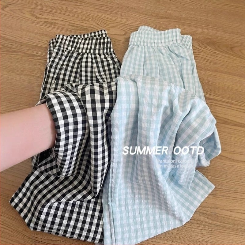 Pantaloni pentru femei în stil japonez, în carouri albastre, material ușor de vară, croială dreaptă