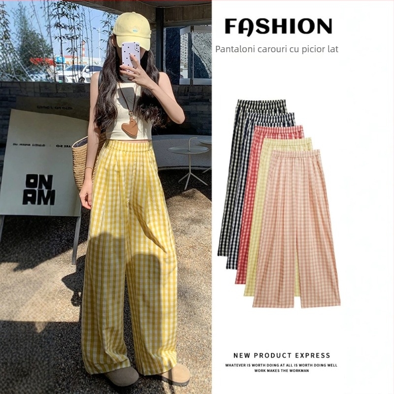 Pantaloni pentru femei în stil japonez, în carouri albastre, material ușor de vară, croială dreaptă